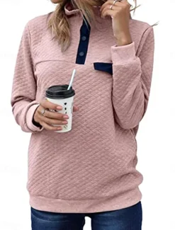 Hot Women's Texture Sweatshirt Waffle Sweatshirt Casual Plain Dailywear Turtleneck Buttons Long Sleeve Black Pink Gray Fall Winter Women Hoodies & Sweatshirts
