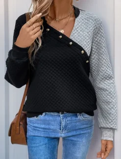 Best Women's Texture Sweatshirt Waffle Sweatshirt Pullover Plain V Neck Buttons Long Sleeve Spring Fall Women Hoodies & Sweatshirts