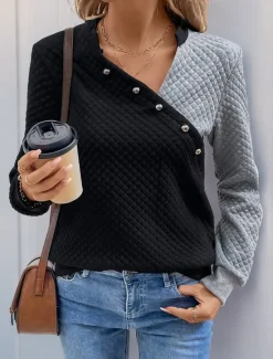 Best Women's Texture Sweatshirt Waffle Sweatshirt Pullover Plain V Neck Buttons Long Sleeve Spring Fall Women Hoodies & Sweatshirts