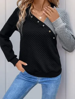 Best Women's Texture Sweatshirt Waffle Sweatshirt Pullover Plain V Neck Buttons Long Sleeve Spring Fall Women Hoodies & Sweatshirts