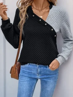 Best Women's Texture Sweatshirt Waffle Sweatshirt Pullover Plain V Neck Buttons Long Sleeve Spring Fall Women Hoodies & Sweatshirts