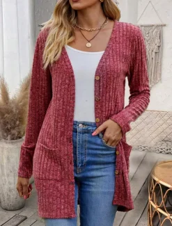 Hot Women's Textured Jackets Cardigan Casual Solid Color Plain Ribbed Asymmetrical V Neck Pocket Buttons Twisted Long Sleeve Regular Tops Knit Daily Wine Army Green Spring Fall Women Jackets