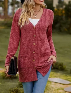 Hot Women's Textured Jackets Cardigan Casual Solid Color Plain Ribbed Asymmetrical V Neck Pocket Buttons Twisted Long Sleeve Regular Tops Knit Daily Wine Army Green Spring Fall Women Jackets