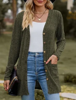 Hot Women's Textured Jackets Cardigan Casual Solid Color Plain Ribbed Asymmetrical V Neck Pocket Buttons Twisted Long Sleeve Regular Tops Knit Daily Wine Army Green Spring Fall Women Jackets