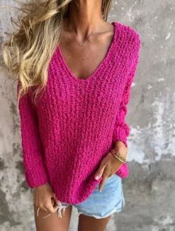 Best Women's Textured Sweater V Neck Fuzzy Knit Fall Winter Outdoor Elegant Fashion Daily Long Sleeve Solid Color Blue Fuchsia Women Pullovers & Tops