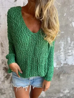 Best Women's Textured Sweater V Neck Fuzzy Knit Fall Winter Outdoor Elegant Fashion Daily Long Sleeve Solid Color Blue Fuchsia Women Pullovers & Tops