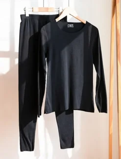 Outlet Women's Thermal Set Pure Color Warm Casual Comfort Home Daily Going out Warm Crew Neck Long Sleeve Pant Elastic Waist Fall Winter Home Outfits Women Pajama-Setter