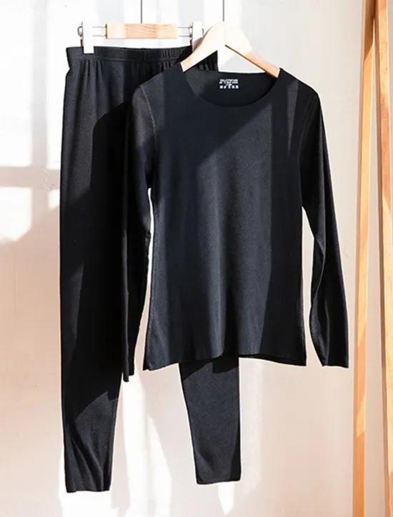 Outlet Women's Thermal Set Pure Color Warm Casual Comfort Home Daily Going out Warm Crew Neck Long Sleeve Pant Elastic Waist Fall Winter Home Outfits Women Pajama-Setter