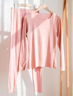Outlet Women's Thermal Set Pure Color Warm Casual Comfort Home Daily Going out Warm Crew Neck Long Sleeve Pant Elastic Waist Fall Winter Home Outfits Women Pajama-Setter