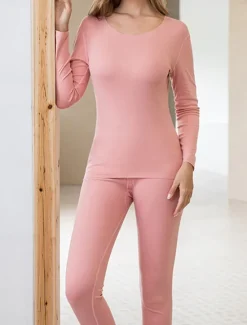 Outlet Women's Thermal Set Pure Color Warm Casual Comfort Home Daily Going out Warm Crew Neck Long Sleeve Pant Elastic Waist Fall Winter Home Outfits Women Pajama-Setter