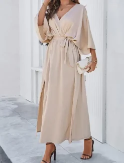 Best Women's Tiered Dress Maxi Dress Split Thigh Party Formal V Neck 3/4 Length Sleeve Batwing Sleeve Black Wine Green Color Women Work Dresses