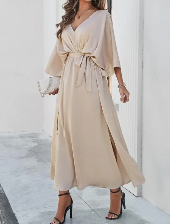 Best Women's Tiered Dress Maxi Dress Split Thigh Party Formal V Neck 3/4 Length Sleeve Batwing Sleeve Black Wine Green Color Women Work Dresses