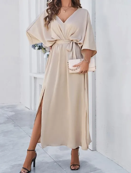 Best Women's Tiered Dress Maxi Dress Split Thigh Party Formal V Neck 3/4 Length Sleeve Batwing Sleeve Black Wine Green Color Women Work Dresses