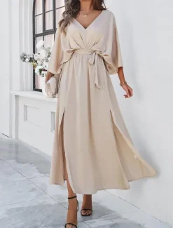 Best Women's Tiered Dress Maxi Dress Split Thigh Party Formal V Neck 3/4 Length Sleeve Batwing Sleeve Black Wine Green Color Women Work Dresses