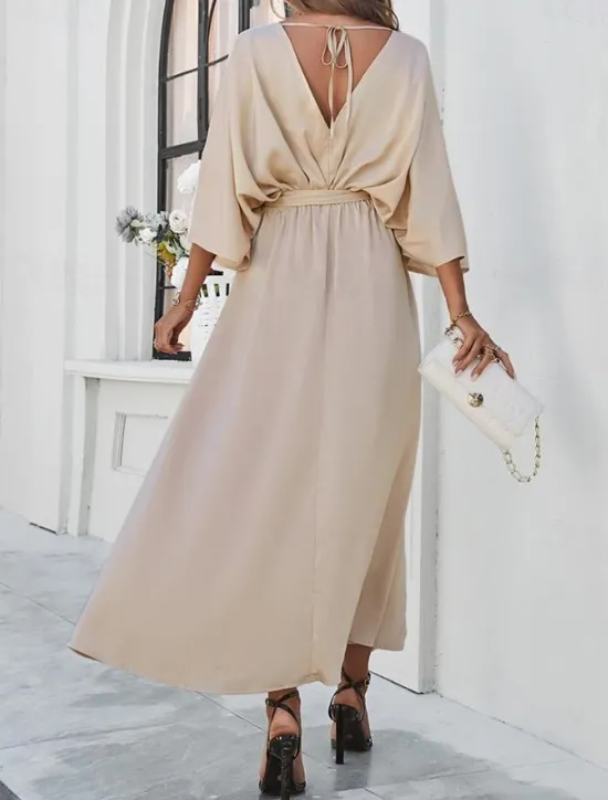 Best Women's Tiered Dress Maxi Dress Split Thigh Party Formal V Neck 3/4 Length Sleeve Batwing Sleeve Black Wine Green Color Women Work Dresses