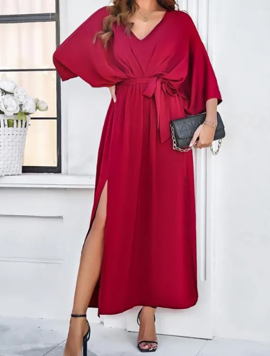 Best Women's Tiered Dress Maxi Dress Split Thigh Party Formal V Neck 3/4 Length Sleeve Batwing Sleeve Black Wine Green Color Women Work Dresses