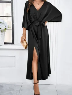 Best Women's Tiered Dress Maxi Dress Split Thigh Party Formal V Neck 3/4 Length Sleeve Batwing Sleeve Black Wine Green Color Women Work Dresses