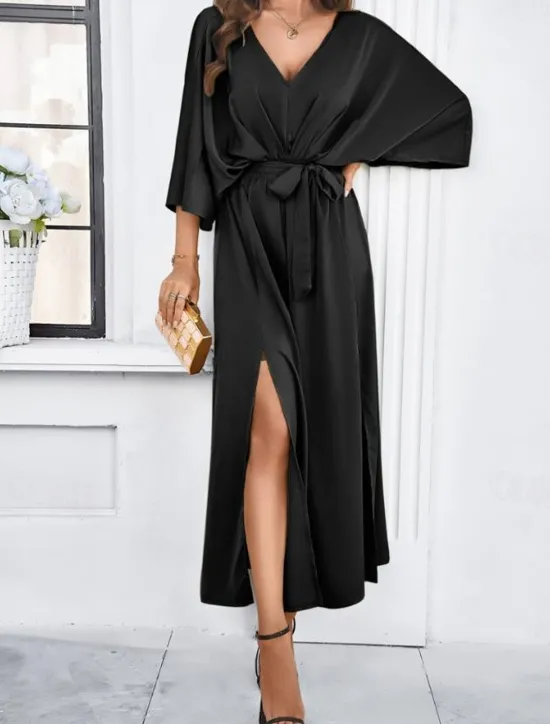 Best Women's Tiered Dress Maxi Dress Split Thigh Party Formal V Neck 3/4 Length Sleeve Batwing Sleeve Black Wine Green Color Women Work Dresses