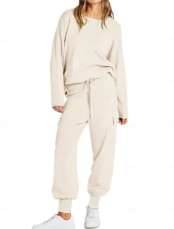 Women's Tracksuit Sweatshirt Chinos Trousers Sweater Set Long Sleeve Solid Color Black Beige Spring Loose Fit Women Two Piece Sets