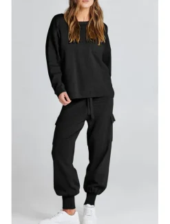 Women's Tracksuit Sweatshirt Chinos Trousers Sweater Set Long Sleeve Solid Color Black Beige Spring Loose Fit Women Two Piece Sets