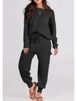 Women's Tracksuit Sweatshirt Chinos Trousers Sweater Set Long Sleeve Solid Color Black Beige Spring Loose Fit Women Two Piece Sets