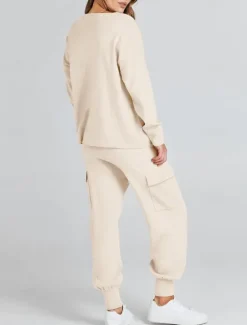 Women's Tracksuit Sweatshirt Chinos Trousers Sweater Set Long Sleeve Solid Color Black Beige Spring Loose Fit Women Two Piece Sets