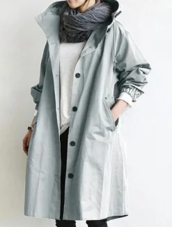 Discount Women's Trench Coat Comfortable Breathable Buttons Casual Solid Color Vacation Street Casual Daily Wear Single Breasted Long Hooded Regular Fit Long Sleeve Outerwear Light Blue Red Khaki Spring Fall Women Coats & Trench Coats
