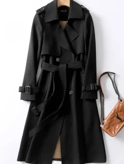 Discount Women's Trench Coat Fall Double Breasted Lapel Long Coat with Belt Winter Warm Windproof Jacket with Pockets Maillard Black Blue Camel Beige Daily S M L XL XXL 3XL Women Coats & Trench Coats