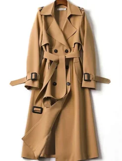 Discount Women's Trench Coat Fall Double Breasted Lapel Long Coat with Belt Winter Warm Windproof Jacket with Pockets Maillard Black Blue Camel Beige Daily S M L XL XXL 3XL Women Coats & Trench Coats