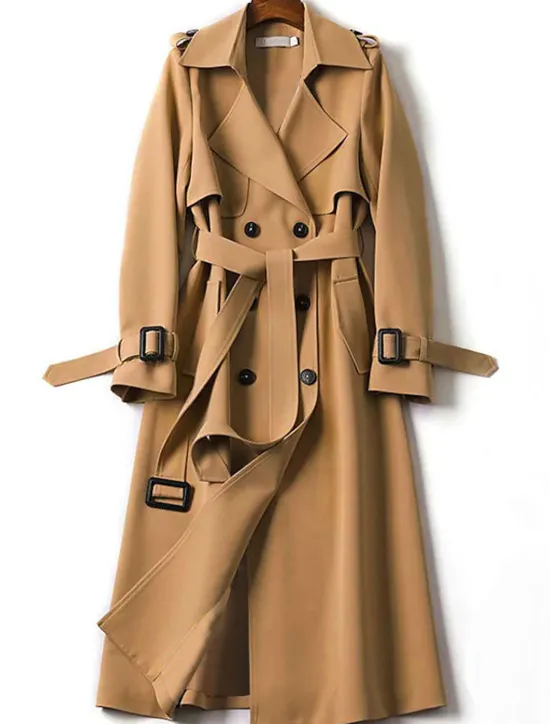 Discount Women's Trench Coat Fall Double Breasted Lapel Long Coat with Belt Winter Warm Windproof Jacket with Pockets Maillard Black Blue Camel Beige Daily S M L XL XXL 3XL Women Coats & Trench Coats