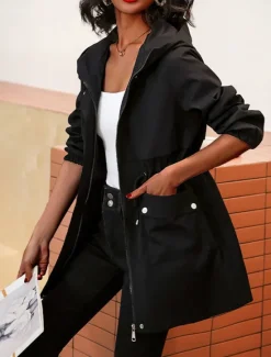 Women's Trench Coat Fall Outdoor Zipper Plain Breathable Streetwear Regular Fit Outerwear Long Sleeve Black M Women Jackets
