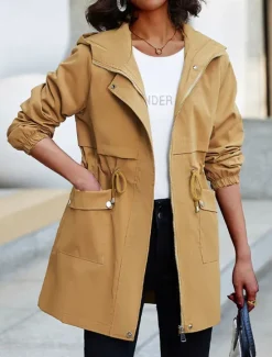 Women's Trench Coat Fall Outdoor Zipper Plain Breathable Streetwear Regular Fit Outerwear Long Sleeve Black M Women Jackets