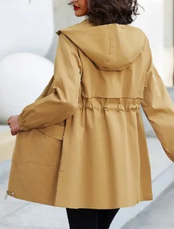 Women's Trench Coat Fall Outdoor Zipper Plain Breathable Streetwear Regular Fit Outerwear Long Sleeve Black M Women Jackets