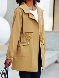 Women's Trench Coat Fall Outdoor Zipper Plain Breathable Streetwear Regular Fit Outerwear Long Sleeve Black M Women Jackets