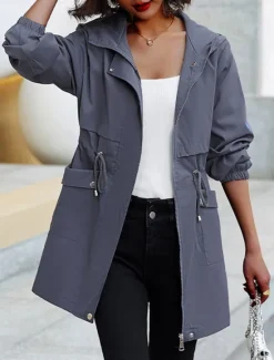 Women's Trench Coat Fall Outdoor Zipper Plain Breathable Streetwear Regular Fit Outerwear Long Sleeve Black M Women Jackets