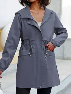 Women's Trench Coat Fall Outdoor Zipper Plain Breathable Streetwear Regular Fit Outerwear Long Sleeve Black M Women Jackets
