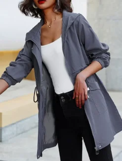 Women's Trench Coat Fall Outdoor Zipper Plain Breathable Streetwear Regular Fit Outerwear Long Sleeve Black M Women Jackets
