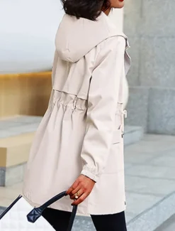 Women's Trench Coat Fall Outdoor Zipper Plain Breathable Streetwear Regular Fit Outerwear Long Sleeve Black M Women Jackets
