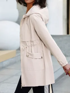 Women's Trench Coat Fall Outdoor Zipper Plain Breathable Streetwear Regular Fit Outerwear Long Sleeve Black M Women Jackets