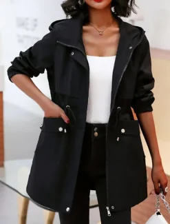 Women's Trench Coat Fall Outdoor Zipper Plain Breathable Streetwear Regular Fit Outerwear Long Sleeve Black M Women Jackets