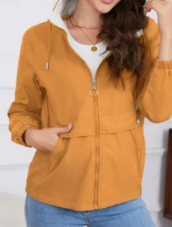 Hot Women's Trench Coat Hoodie Jacket Comfortable Breathable Zipper Pocket Casual Plain Vacation Street Daily Wear Going out Zipper Regular Hoodie Regular Fit Long Sleeve Outerwear Black Yellow Wine Women Jackets|Coats & Trench Coats