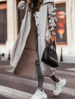Women's Trench Coat Work Street Fall Winter Long Coat Loose Fit Comtemporary Stylish Casual Jacket Long Sleeve Solid Color with Pockets Black Green Gray Women Coats & Trench Coats