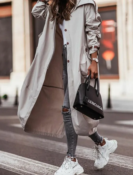 Women's Trench Coat Work Street Fall Winter Long Coat Loose Fit Comtemporary Stylish Casual Jacket Long Sleeve Solid Color with Pockets Black Green Gray Women Coats & Trench Coats
