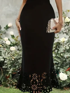 Best Women's Trumpet / Mermaid Elegant Fashion Midi High Waist Skirts Solid Colored Lace Pocket Micro-elastic Street Date Black Wine Blue Green Summer Polyester Women Skirts