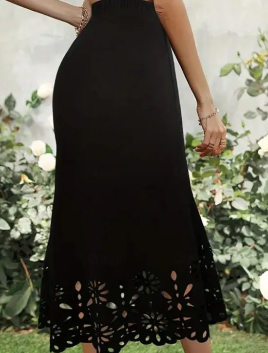 Best Women's Trumpet / Mermaid Elegant Fashion Midi High Waist Skirts Solid Colored Lace Pocket Micro-elastic Street Date Black Wine Blue Green Summer Polyester Women Skirts