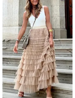 Online Women's Trumpet / Mermaid Long Skirt Maxi Skirts Ruffle Tulle Solid Colored Vacation Casual Daily Spring & Summer Tulle Summer Black White Pink Khaki Women Skirts