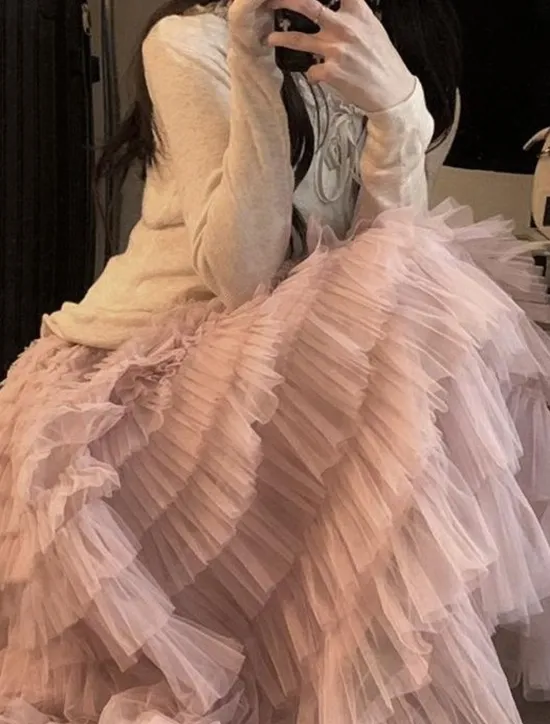 Online Women's Trumpet / Mermaid Long Skirt Maxi Skirts Ruffle Tulle Solid Colored Vacation Casual Daily Spring & Summer Tulle Summer Black White Pink Khaki Women Skirts