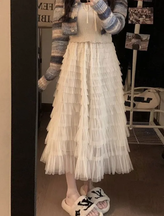 Online Women's Trumpet / Mermaid Long Skirt Maxi Skirts Ruffle Tulle Solid Colored Vacation Casual Daily Spring & Summer Tulle Summer Black White Pink Khaki Women Skirts