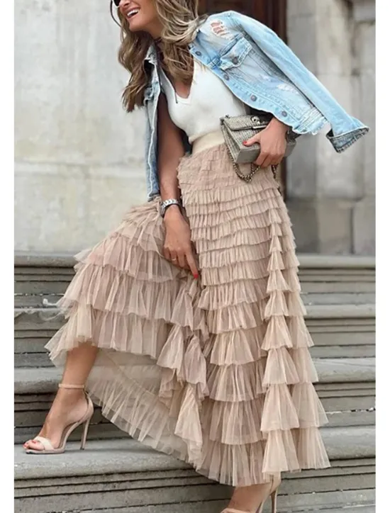 Online Women's Trumpet / Mermaid Long Skirt Maxi Skirts Ruffle Tulle Solid Colored Vacation Casual Daily Spring & Summer Tulle Summer Black White Pink Khaki Women Skirts
