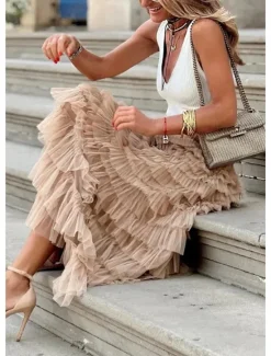 Online Women's Trumpet / Mermaid Long Skirt Maxi Skirts Ruffle Tulle Solid Colored Vacation Casual Daily Spring & Summer Tulle Summer Black White Pink Khaki Women Skirts